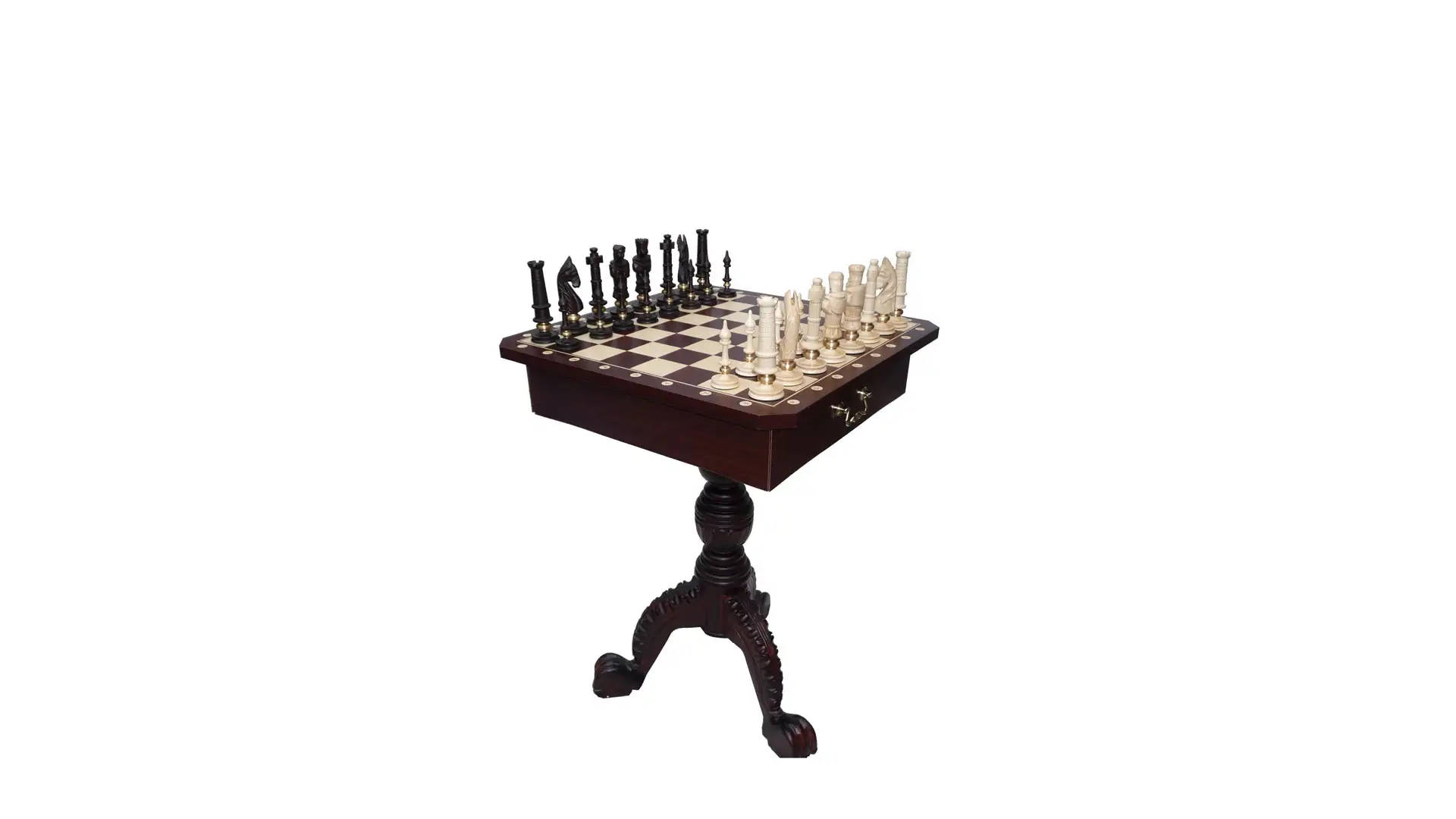 Mesa de ajedrez de madera con un juego completo de piezas